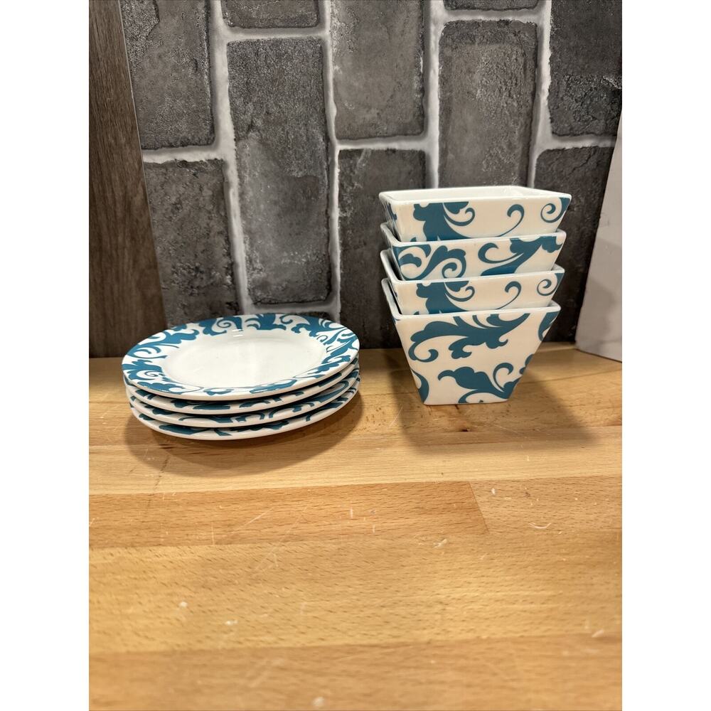 Ciroa Blue Fiori Scroll Appetizer Dessert Bowls & Dessert Plates Set 4 Each